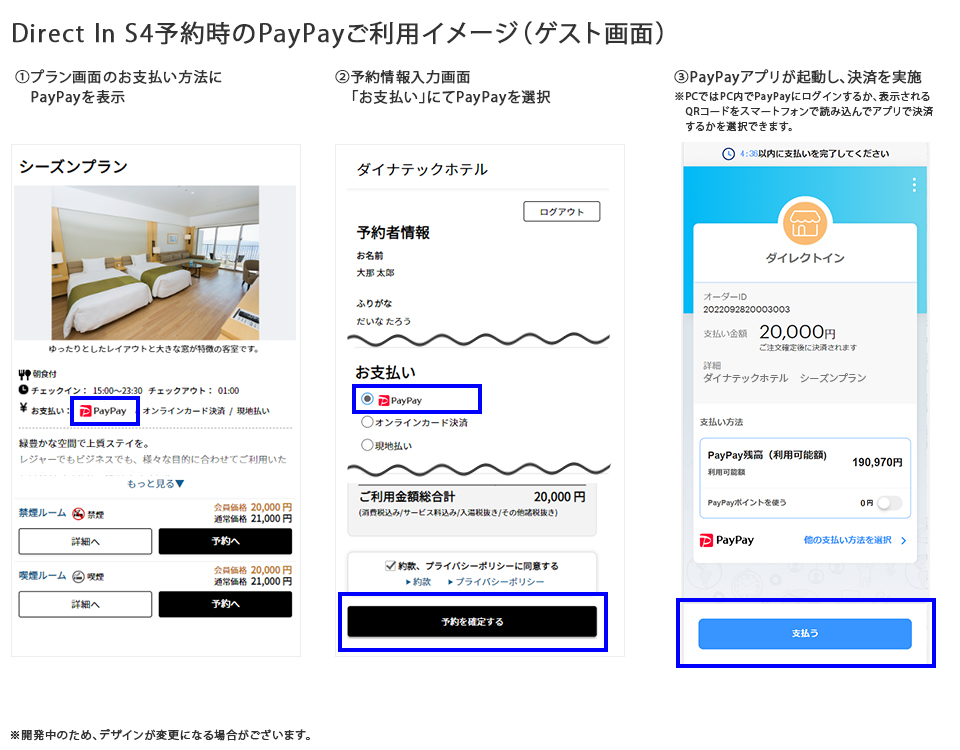 「Direct In S4(ダイレクトインエスフォー)」でのPayPay予約イメージ