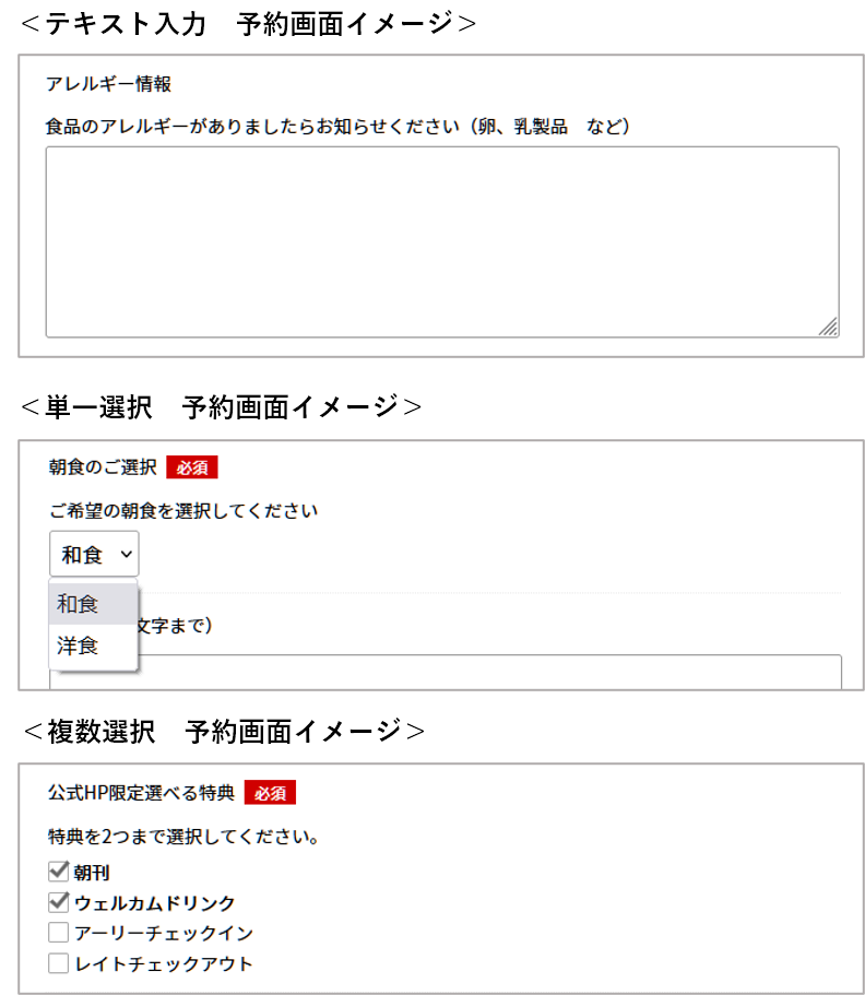 Direct In S4 新機能　質問フォーム・日帰りプラン　予約画面イメージ